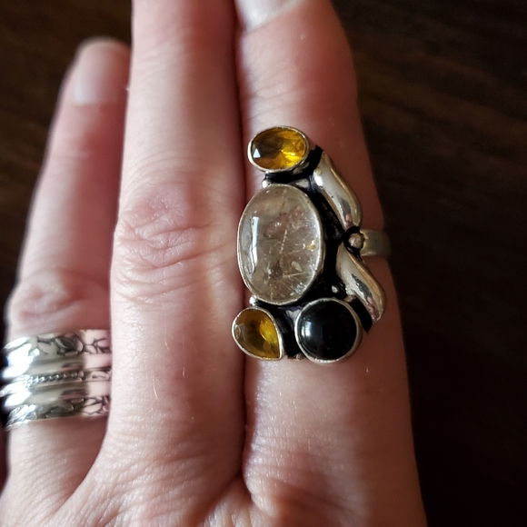New Rutile Quartz, Citrine, Black Onyx 925 Silver Ring. - Picture 3 of 10